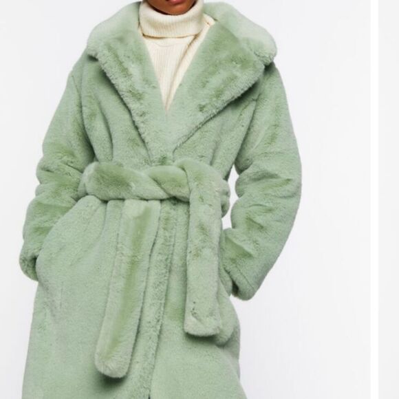 Forever 21 Jackets & Blazers - Forever 21 Sage Faux Fur Belted Coat Size M Pea Coat